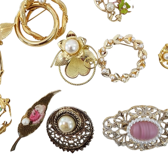 22 vintage brooches brooch gold tone flowers heart faux pearls rose -B14 - Picture 11 of 12